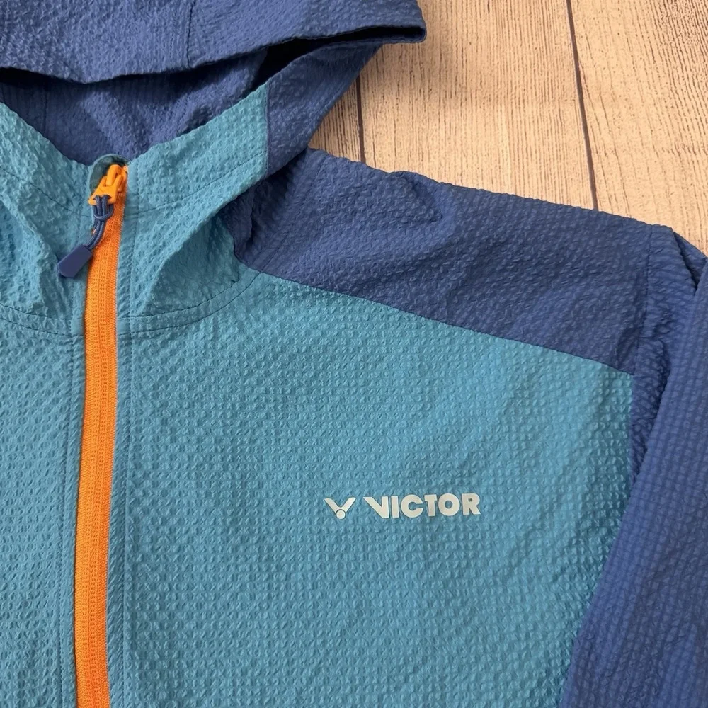 Victor Seersucker Hooded Windbreaker Jacket Blue Orange Lightweight Men XL